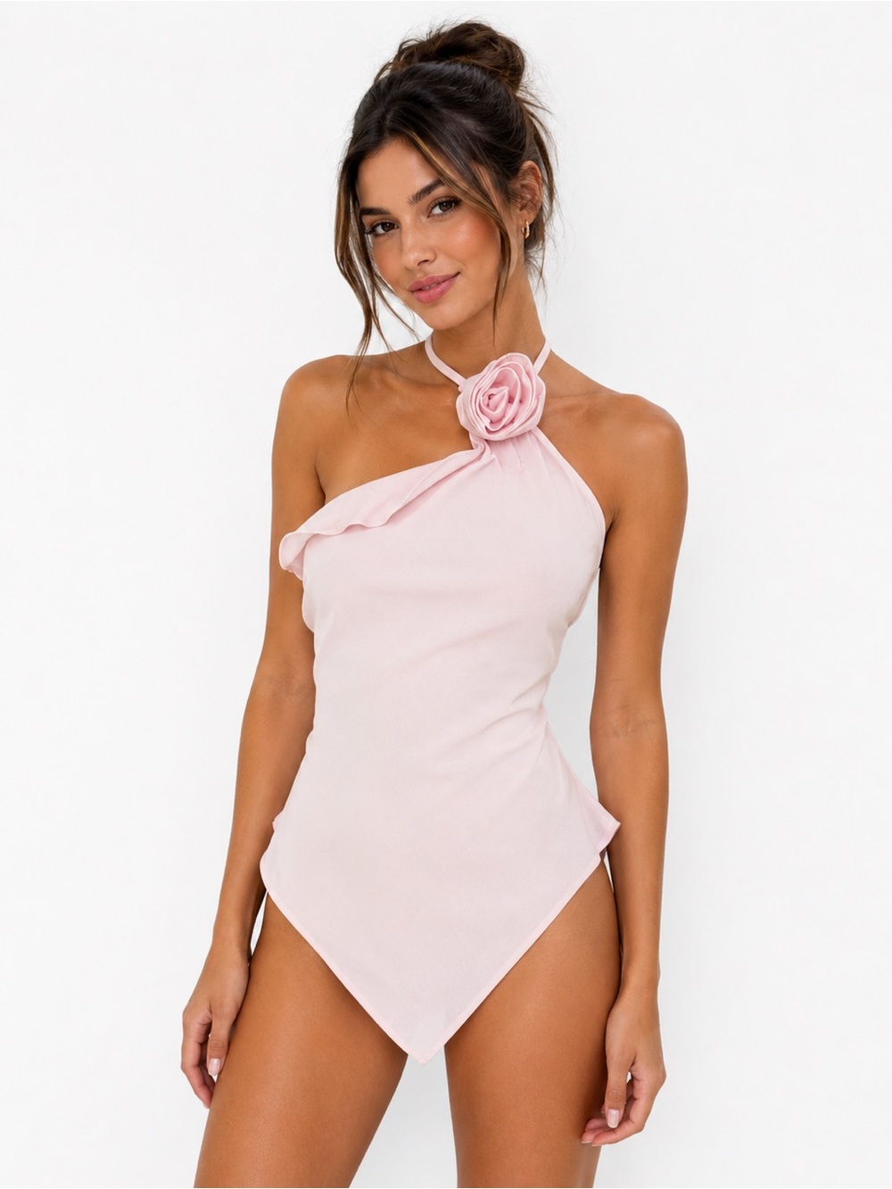 Afrm Blush Pink Floral Halter Bodysuit One Shoulder Y2K Going Out Top